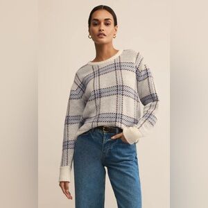 Z Supply Plaid Crewneck Sweater in Cream, Blue, and Gray